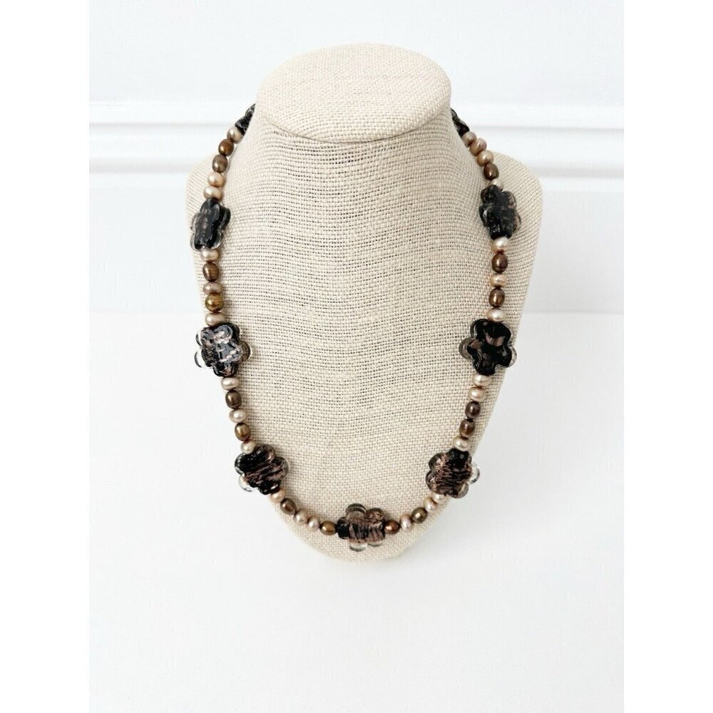 NWT Genuine Murano Glass & Pearls Necklace Beads Beaded Brown